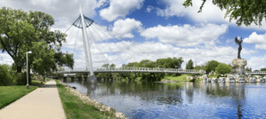 A scenic shot of the Arkansas River Path in Wichita, Kansas